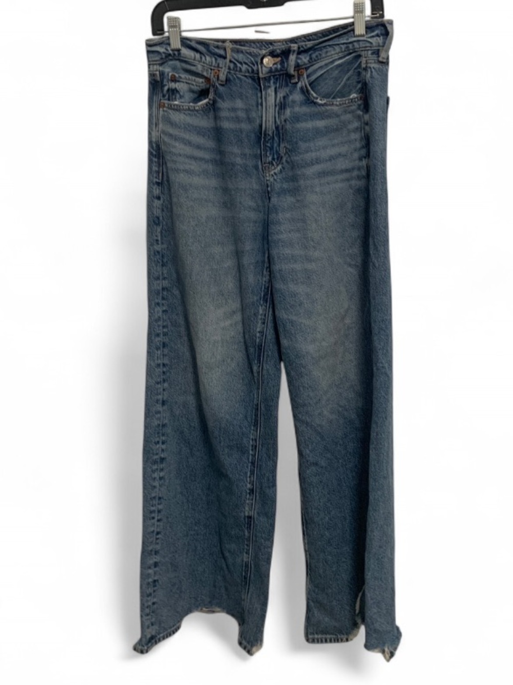 American Eagle Super High Rise Baggy Wide Leg Distressed Hems Blue Jeans